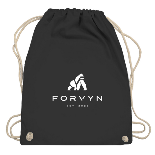 FORVYN Turnbeutel in Schwarz – Vorderansicht.