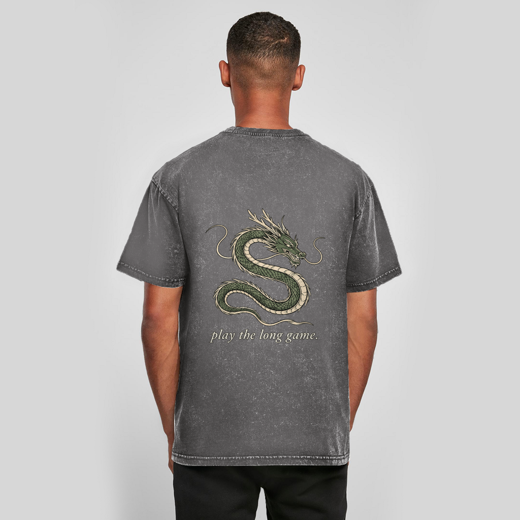 FORVYN Washed Oversize-T-Shirt „LONG GAME“ in Asphalt – Rückansicht.