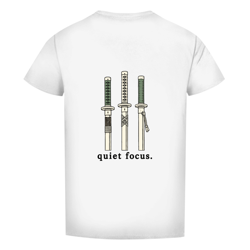 FORVYN T-Shirt mit normalem Schnitt „QUIET FOCUS“ in Weiß – Rückansicht.