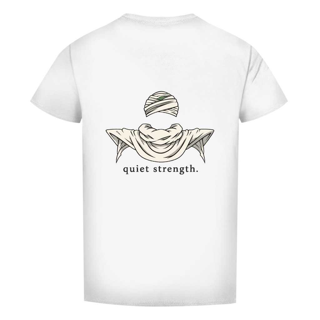 FORVYN T-Shirt mit normalem Schnitt „QUIET STRENGTH“ in Weiß – Rückansicht.
